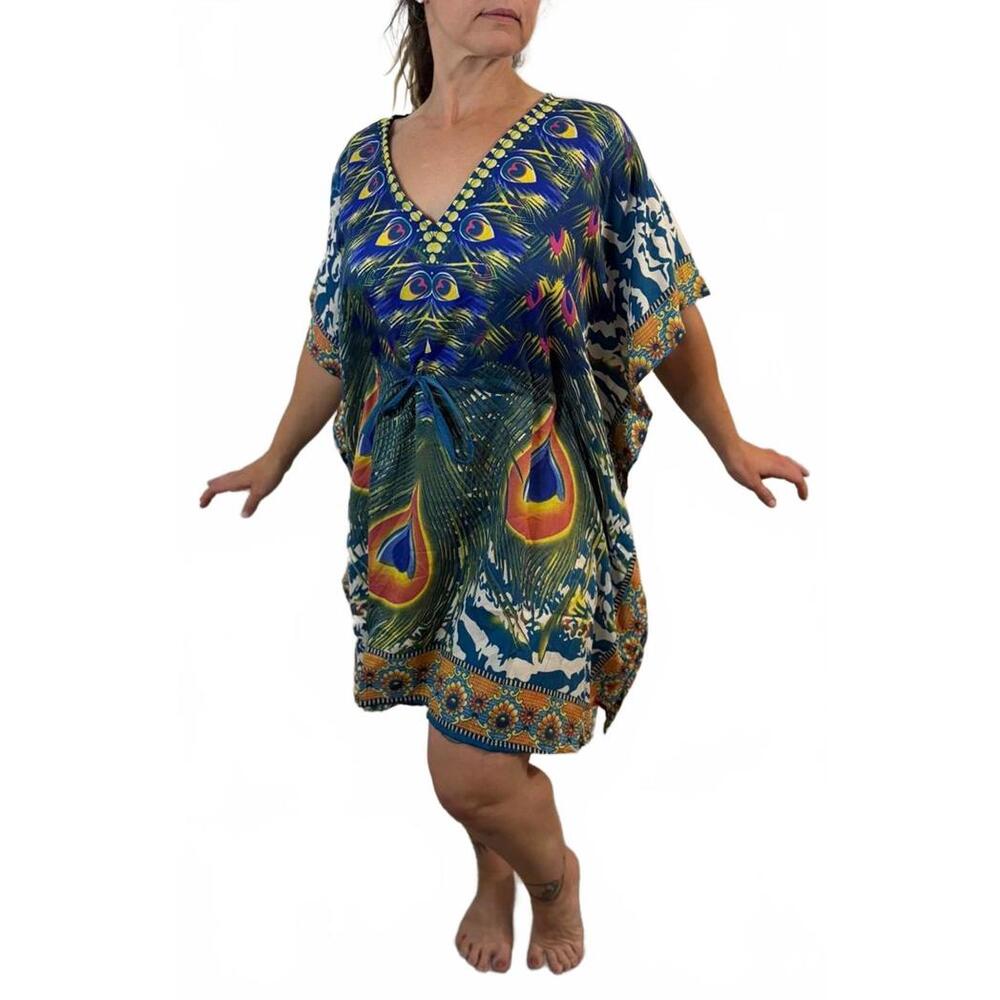 NWT Boho Style Peacock Caftan Swim Beach Cover up Tunic Dress L XL XXL OS